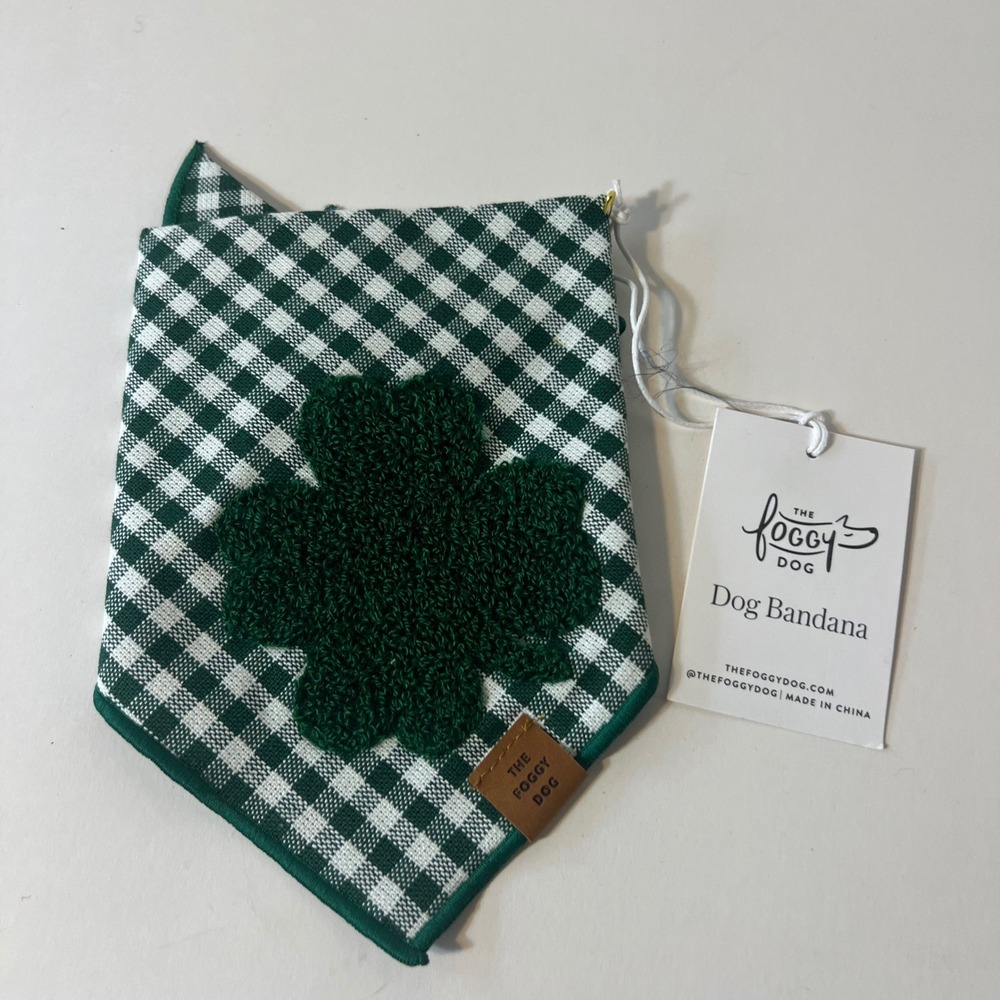The Foggy Dog Clover Applique Dog Bandana S Green Gingham 13" Yorkie Maltese New